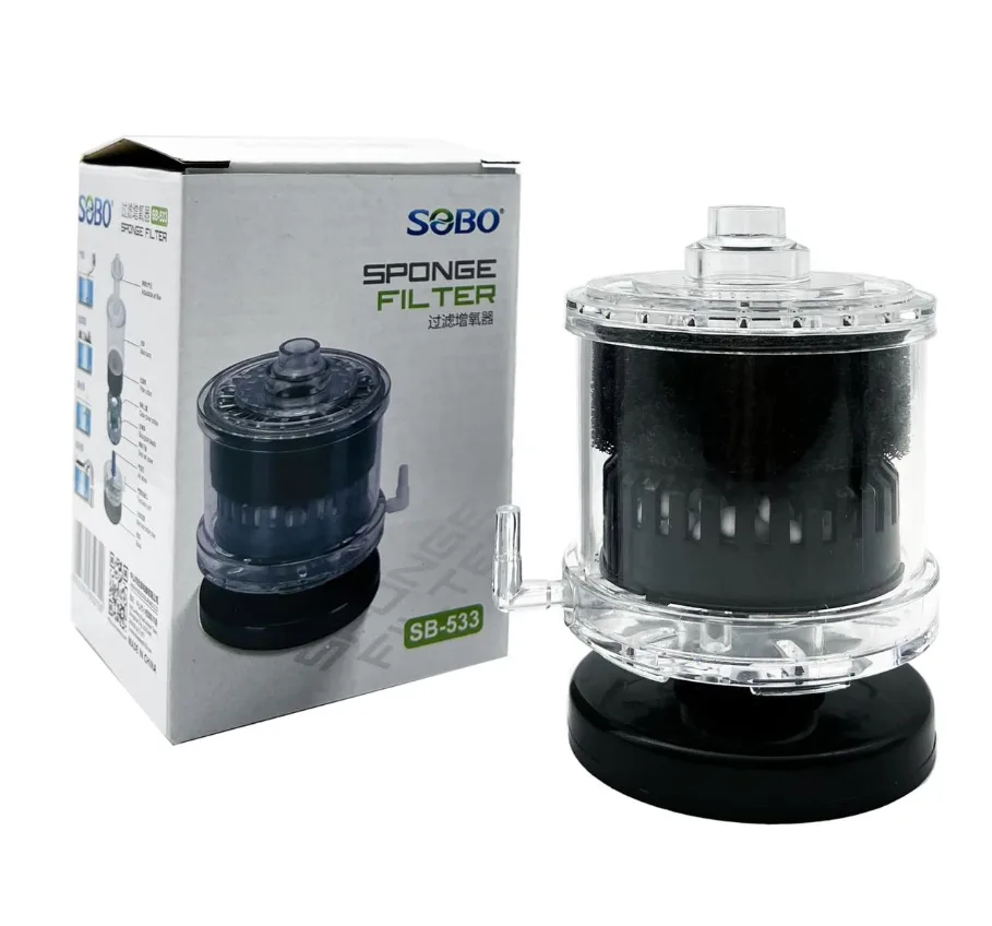 A cylindrical biological sponge filter for aquariums, designed to provide mechanical and biological filtration for fish tanks