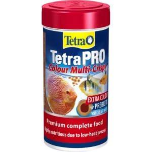 A 250ml container of TetraPro Colour Multi-Crisps fish food, featuring a vibrant label for tropical fish health.