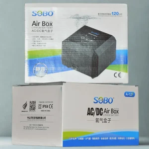 Portable AC/DC rechargeable air pump box for fish tanks and live bait, featuring a compact white and blue design.